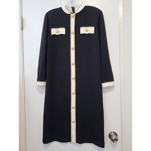 Vintage Ami Knits Dress Midi Navy Blue with White & Gold Trim Medium